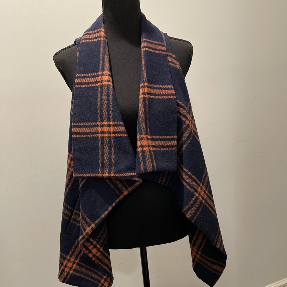 TCEC Vest Size S Navy Orange Plaid Tartan Freestyle Boho Hippie Western Layering - Picture 5 of 6